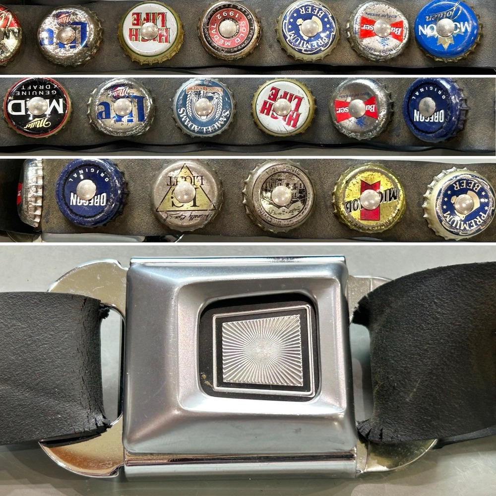 Vintage 1990s Retro Beer Bottle Cap Belt sz 33-35 (22 Caps) w/Seat Belt Buckle